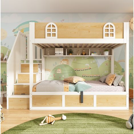 Bett Etagenbett 90x200 cm aus Holz und Metall in Weiß/Natur mit Treppenschrank und Stauraum