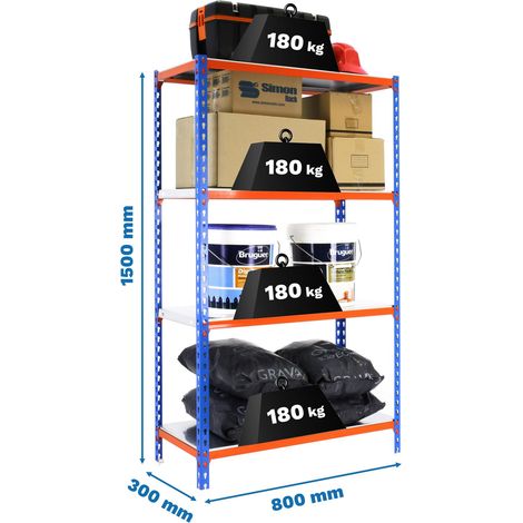 SimonRack Scaffale Portaoggetti, 1500x800x300 mm, 4 Ripiani, Portata 180 kg per Ripiano, Metallo, Scaffale da Garage, Blu/Arancione/Zincato – Simonclick