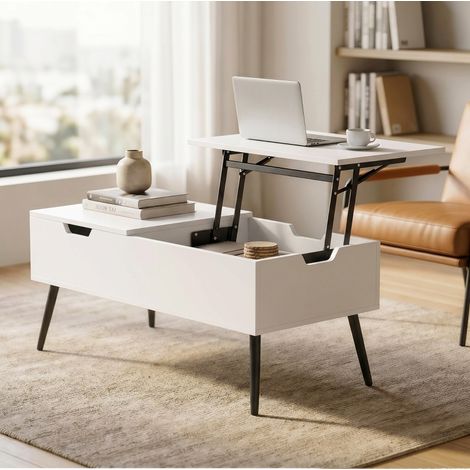 Table basse relevable 50 x 100 cm avec double plateau et rangement caché, bois blanc et métal noir (1/5)