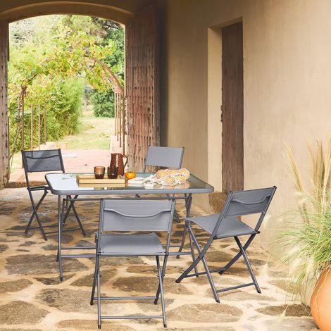Table de jardin pliante acier + 4 assises textilène anthracite - Ancona
