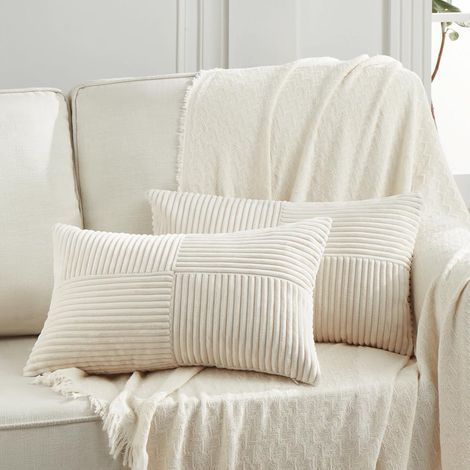 Set of 2 Boho cushion covers 30x50 Cream, decorative cushion covers in light beige corduroy with a cross pattern, comfortable pillowcase, modern cushion cover for sofa, bedroom (1/5)