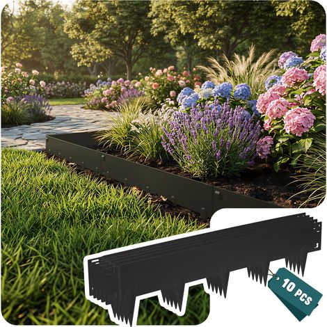 VOUNOT 10M Galvanised Steel Garden Edging, Flexible Lawn Border, Black