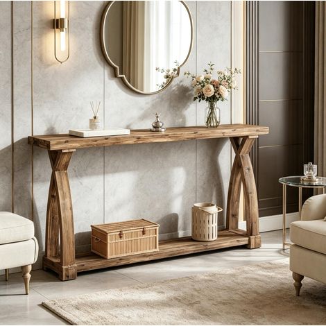Tavolo consolle in legno marrone 160x30x81 cm con ripiano inferiore OKWISH (1/5)