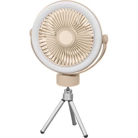 Ventilateur Camping Portable – Batterie 2400 mAh, Lampe LED Intégrée – USB, Pour Tente (Suspendu/Table) – Voiture, Camping-Car, Extérieur, Urgence – Beige (1/5)