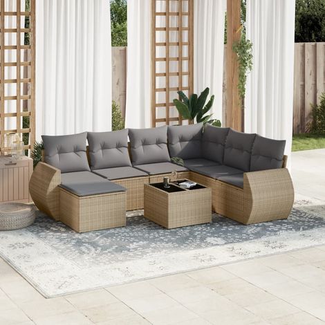 8-tlg. Garten-Sofagarnitur mit Kissen Beige Poly Rattan (1/3)