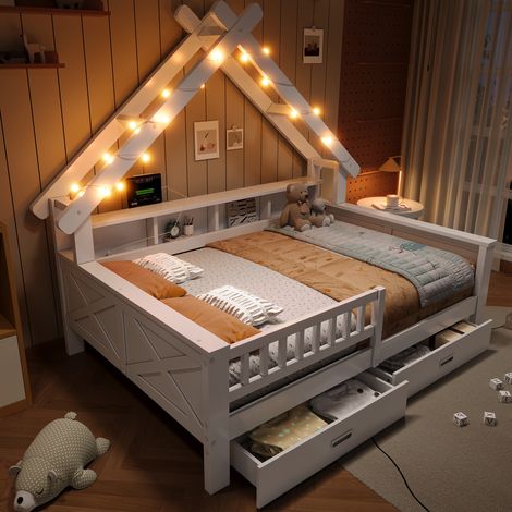 Letto a casetta per bambini 140x200 cm bianco con LED, ripiani, cassetti e sponda (1/5)