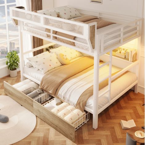 Lit superposé moderne métal et MDF blanc 140x200 cm avec étagère, 2 tiroirs, panier latéral et LED (1/5)