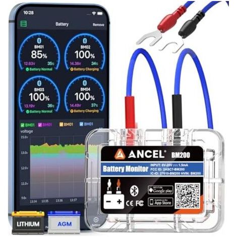 BM200Blue Bluetooth 4.2 Moniteur de Batterie - Testeur Voiture 12V Battery Monitor pour les Batteries au Lithium et Plomb-acide avec test charge démarrage Alarme