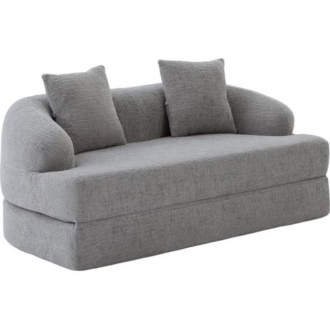 Sofá cama plegable 2 plazas de chenilla gris claro con 2 cojines HOMVRA (1/5)