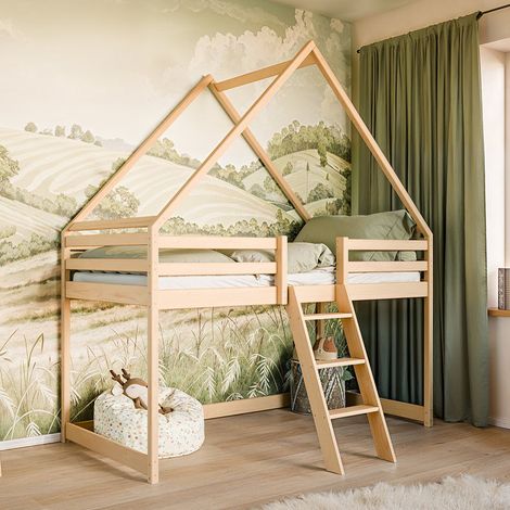 Lit cabane mi-hauteur 90x200 sommier inclus Coraline Bois (1/3)