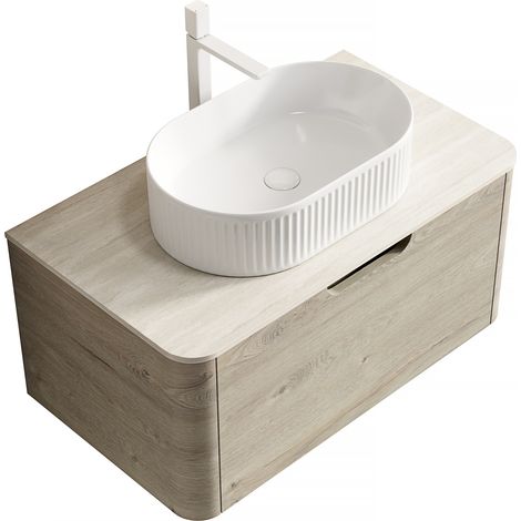 Mueble de baño suspendido 80 cm con lavabo ovalado blanco y encimera efecto travertino (1/5)