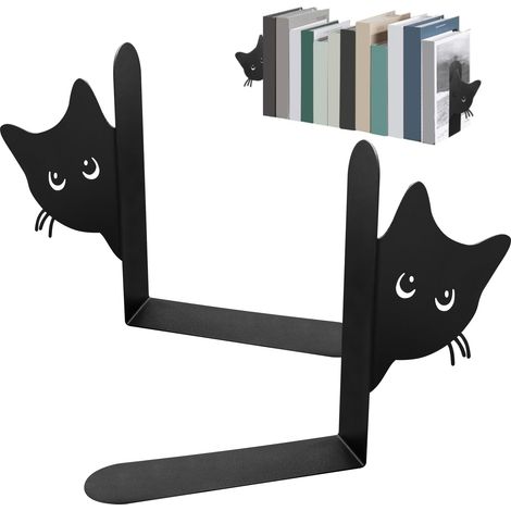 Serre-livres en métal, 2 serre-livres décoratifs en forme de chat, robustes et durables, adaptés aux bureaux et aux étagères, noirs. (1/5)