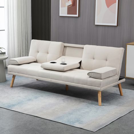 Dreisitzer-Schlafsofa, gepolstert mit dreifach verstellbarer Rückenlehne, zwei Kissen und zwei integrierten Getränkehaltern, Leinenstoff, für Wohnzimmer, Gästezimmer, kleine Räume, beige