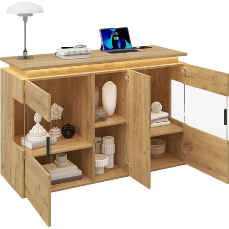 Sideboard mit Glastüren, LED mit 16 Farben und Ladestation, Holzwerkstoff Eiche Hell, 120 x 40 x 79,5 cm (1/5)