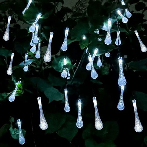 Guirlande Lumineuse Exterieur Solaire, 20 LED 5M Lumière de Goutte d'eau Solaire pour Extérieur et Intérieur, Lampe Décoration Étanche pour Jardin, Arbres, Fêtes Noël, Terrasse(Blanc) (1/4)
