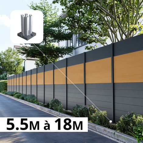 Kit Clôture Aluminium BAHIA & CRUZ cèdre 5,55x1,8m - Bois Composite & Aluminium - Poteaux Gris - Brise Vue - Palissade (1/5)