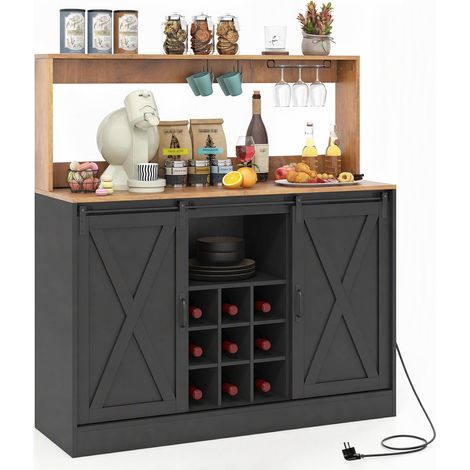 Buffet Bar à Vin Fermier avec Station de Recharge, Meuble à Vin de 120 cm avec Portes Coulissantes de Grange, Porte-Bouteilles Amovible, Noir (1/5)