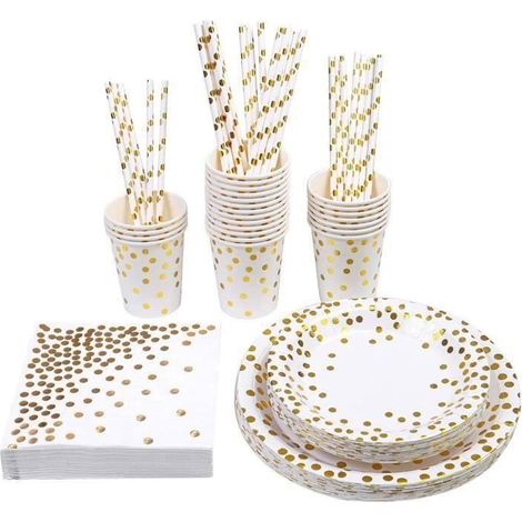 146 pièces vaisselle jetable anniversaire, blanc et or, service festif adulte, lot complet pour événements