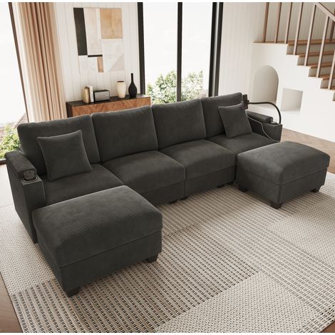 Sofa aus Cord Grau 275,5x139x87 cm, modulares U-/L-Sofa mit USB, USB-C und Handyhalter (1/5)
