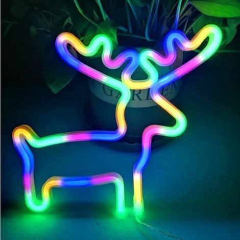 Néon, néon solaire, néon LED, alimenté par USB ou par batterie, cerf multicolore (1/4)