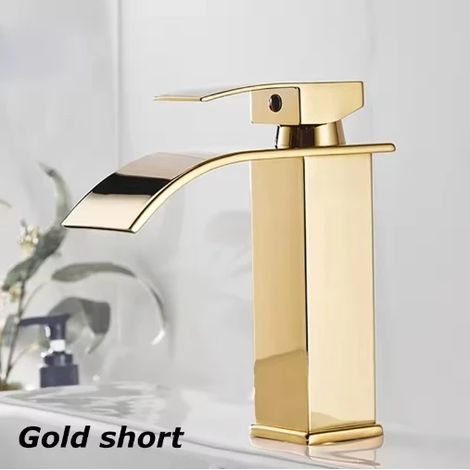 (Court doré) Lavabo cascade en acier inoxydable avec robinet mitigeur réglable et douchette noire pour WC et salle de bain (1/5)