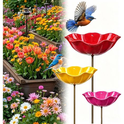 Bain d'oiseaux - Lot de 3 - Mangeoire de jardin - Abreuvoirs pour oiseaux - Bain d'oiseaux sur pied - Bain d'oiseaux - Bain d'oiseaux d'extérieur - Décoration de jardin pour oiseaux - Pour l'extérieur