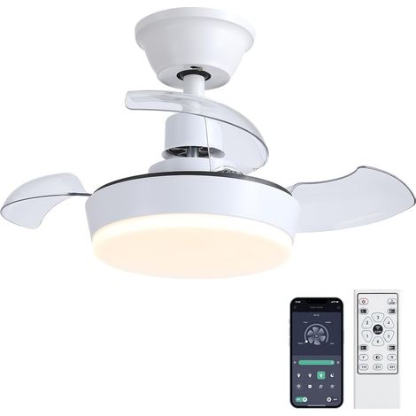 60cm Ventilateur de Plafond avec Lampe LED, Plafonnier Ventilateur Silencieux Connecté avec Télécommande 6 Vitesses, 3 Pales Rétractables Invisibles, Lustre Moderne pour Chambre Salon, Blanc (1/5)