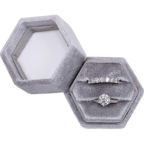 Boîte à bagues hexagonale en velours à double fente, boîte à bagues de fiançailles, boîte à bague de demande en mariage, présentoir à bagues (gris perle) (1/4)