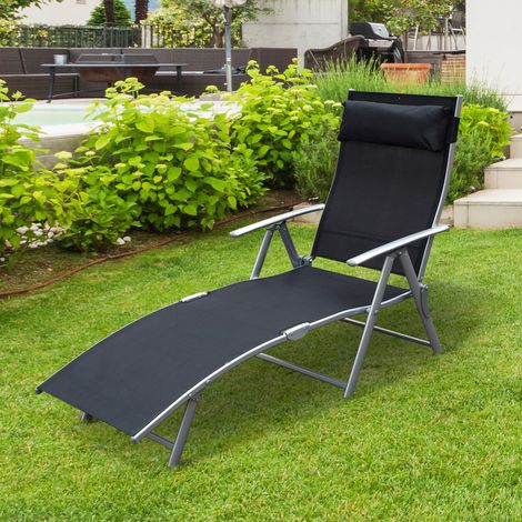 Transat de jardin pliable avec dossier réglable sur 7 positions, coussin et accoudoirs, 137 x 63,5 x 100,5 cm, noir