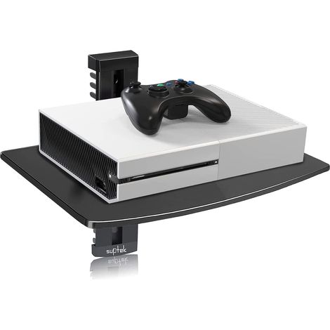 Étagère Murale 1 Niveau, Support en Verre Trempé, Hauteur Réglable avec Gestion de Câbles, Étagère Murale Flottante 1 Niveau pour Console de Jeux, Décodeur, Routeur, Lecteur DVD, Noir, CS201 (1/5)