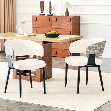 Sillón de comedor de piel sintética y tela, con reposabrazos y patas de metal, blanco y negro (1/5)
