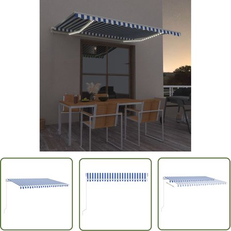 The Living Store Auvent manuel rétractable avec LED 400x300 cm Bleu et blanc - Auvent Pliable - Store Extérieur - Parasol - Abri Soleil - Protection Uv (1/5)