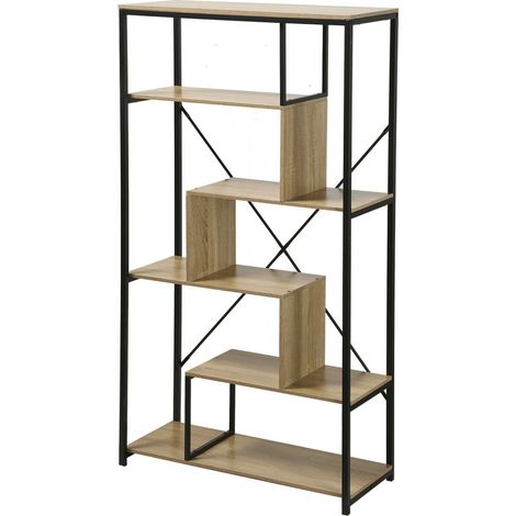 Bibliothèque 6 niveaux H160 cm – Panneaux de particules et métal noir – Dimensions L84 x P34 cm – Rangement moderne pour salon ou bureau (1/5)