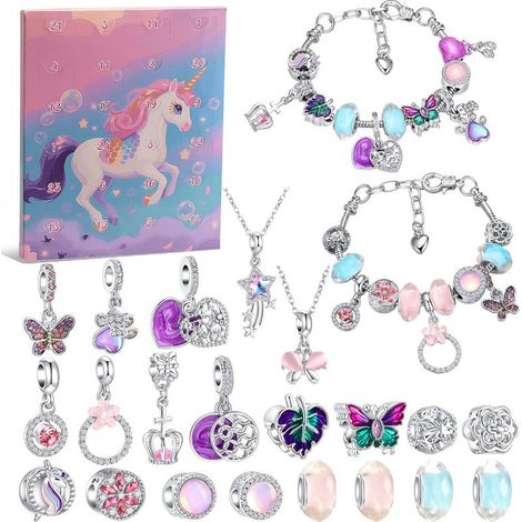 Calendrier de l'Avent 24 Cases, Boîte Surprise, Coffret de Bijoux de Noël, Licorne Féerique