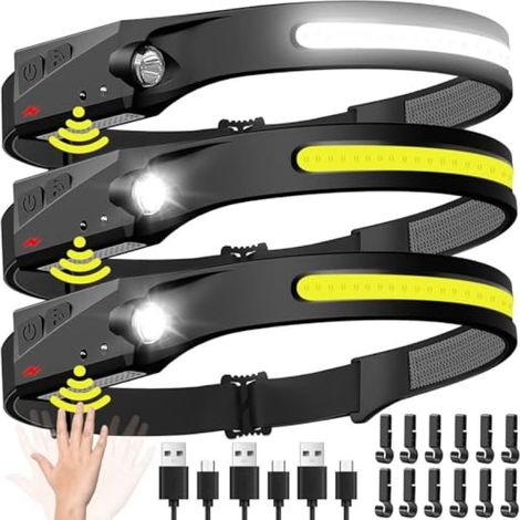 Lampe frontale rechargeable 3 pièces, faisceau LED large 230° avec détecteur de mouvement, étanche (pour activités outdoor) (1/5)