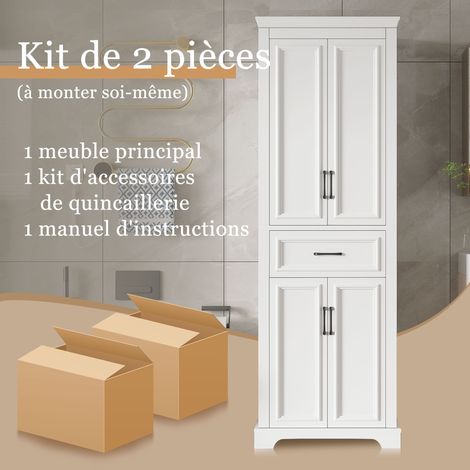 Armoire colonne de salle de bain 60x40x180 cm - Blanc laqué - Étagères réglables - Tiroir coulissant - Double porte - Dispositif an… (1/5)