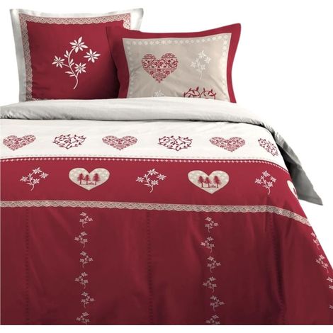 Parure de lit 240 x 260 cm en coton 57 fils/cm² – Motif cœurs et flocons esprit chalet – Coloris rouge – Certifiée Oeko-Tex® – Eden (1/2)