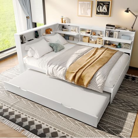 Lit gigogne 140x200 cm avec tête de lit avec rangement et ports USB et Type-C, en bois, blanc, sans matelas (1/5)