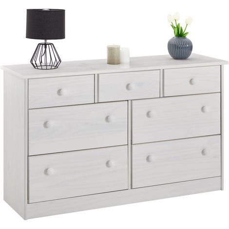 Idimex – Commode enfant en pin massif lasurée blanche – 7 tiroirs – Dimensions 74 x 117 x 35 cm (H x L x P) – Design rustique