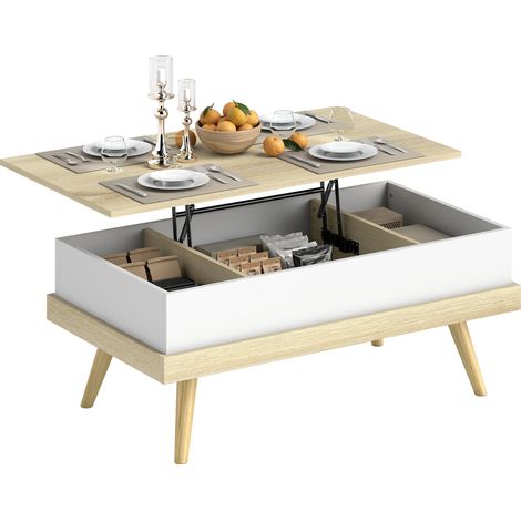 Mesa de centro elevable con 3 compartimentos de almacenamiento ocultos y patas de madera, 100 x 79 x 54 cm, color natural y blanco. (1/5)