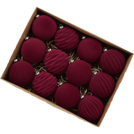 12 squisite decorazioni natalizie retrò a forma di pallina, palline di Natale in velluto, 8 cm, bordeaux