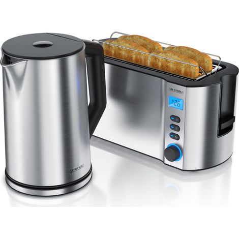 Arendo Frühstücksset 2-teilig, 4-Scheiben Langschlitztoaster MANHA + Edelstahl Wasserkocher 1,5l, Silber (1/5)