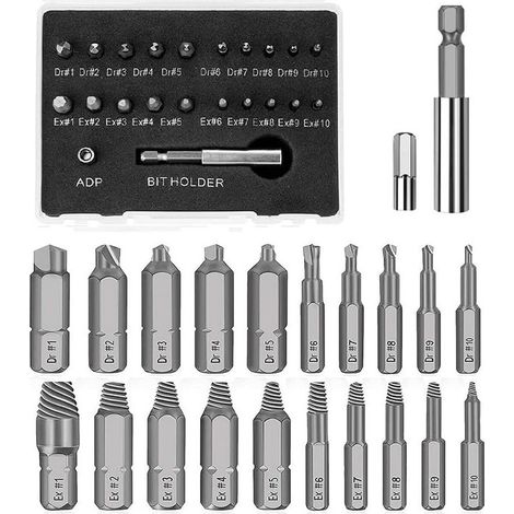 Kit d'Extracteurs de Vis Cassée,22 Pièces HSS, avec Porte-embout Magnétique et Adaptateur de Douille,Pour Extraire Vis Endommagées, Décapées ou Boulons, (1/4)