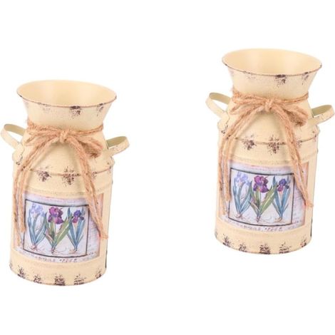 2pièces Seau Vintage Fer pour Fleurs Récipient Décoratif Forme De Bouilloire pour Home Bureau Beige (1/5)