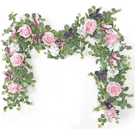 2x Künstliche Blumengirlande 1,8m Rosa Eukalyptus mit Schmetterlingen für Deko (1/5)
