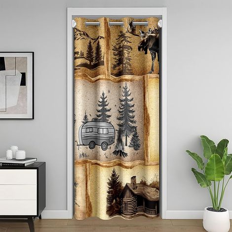 RV Rideau de porte de camping-car intimité, rustique et heureux sur le thème du camping Plaid Blackout Rideau de porte pour porte d'armoire, Cerf Animaux sauvages Chasse Cabine Décor Porte - 132L X 20 (1/5)