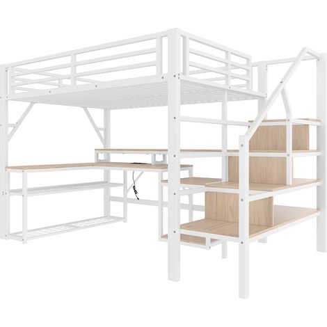 Lit mezzanine, 140 x 200 cm, cadre en fer, compartiment de rangement, escalier avec rangement, garde-corps de sécurité, avec bande LED, bureau, avec port USB, sans matelas, blanc