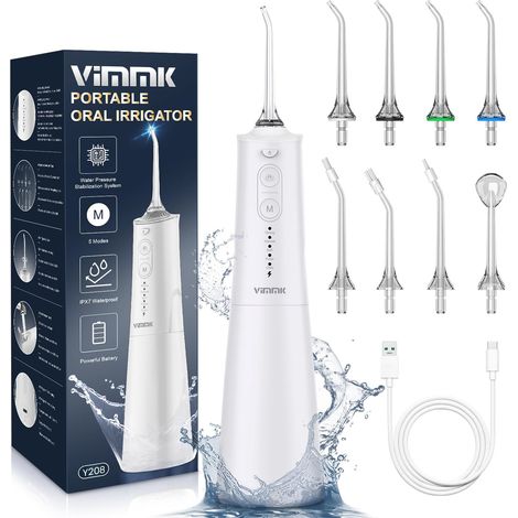 Jet Dentaire Hydropulseur et Irrigateurs Oral avec 5 Modes de Pression d'eau et 8 Embouts Remplaçables, Rechargeable et Étanche IPX7, Réservoir 300ML (Blanc) (1/5)