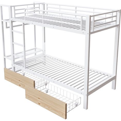 Etagenbett 90 x 200 cm aus Metall und MDF, weiß, mit 2 Schubladen und LED (1/5)