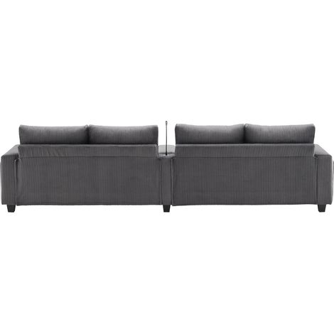 U-Form-Sofa 4-Sitzer aus grauem Stoff mit 2 Hockern, LED, USB und Type-C, 334 x 128,5 x 81 cm (1/5)